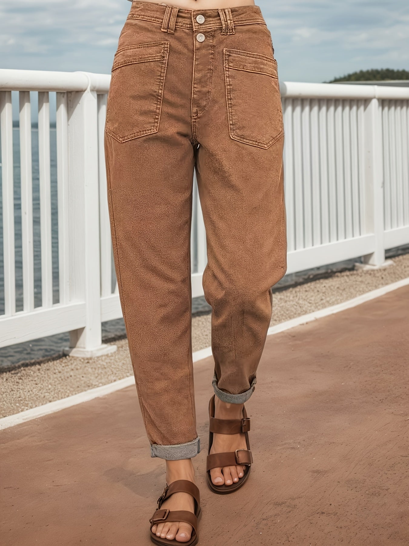 Women's Mid-Rise Distressed Stretch Jeans - Retro Button Placket & Slanted Straight-Leg Loose Fit Pants with Belt Loops, Olive Green/Brown Washed, Machine Washable All-Season Casual Trousers Suitable for Casual Attire & Layering