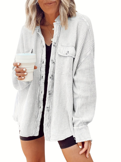 Women's Chic Oversized Waffle Jacket - Long Coat with Lapel Collar & Front Buttons, Machine Washable Winter Jacket for Everyday Formal Outfits - Cozy Fall and Winter Outerwear, Seasonal Fashion, Relaxed Fit, Durable Stitching, Casual Wear