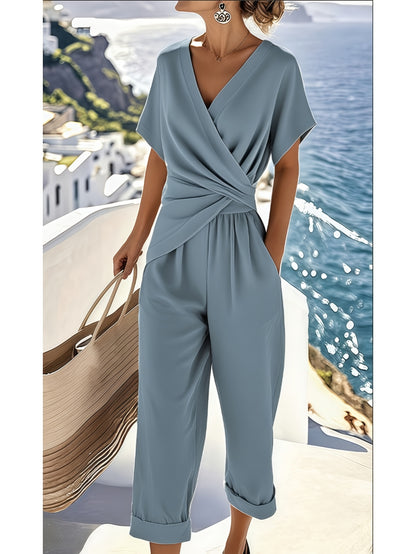 Women's 2pcs Stylish Short-Sleeve Set Summer Front Cross Tie Wide-Leg Pants Set Casual Irregular Top with Pockets Outfit Looser Fit: Order 1-2 Sizes Up.