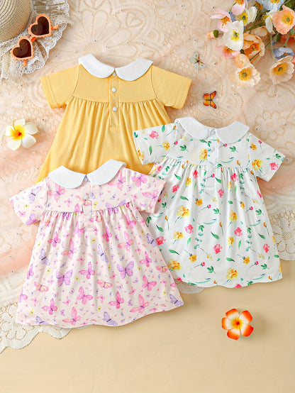 3pcs Girls' Casual Dress Set, Summer New Style, 3 Colors, Floral Butterfly Print, Short Sleeve, Cute Doll Collar, Back Button Closure Dress Combo