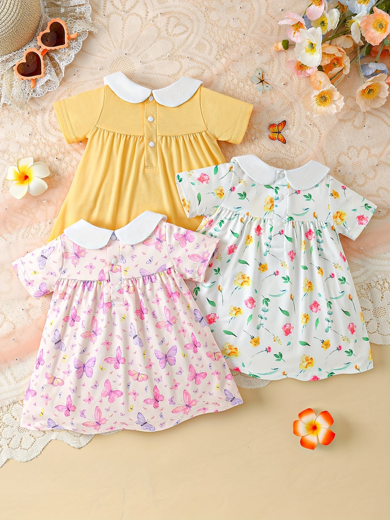 3pcs Girls' Casual Dress Set, Summer New Style, 3 Colors, Floral Butterfly Print, Short Sleeve, Cute Doll Collar, Back Button Closure Dress Combo