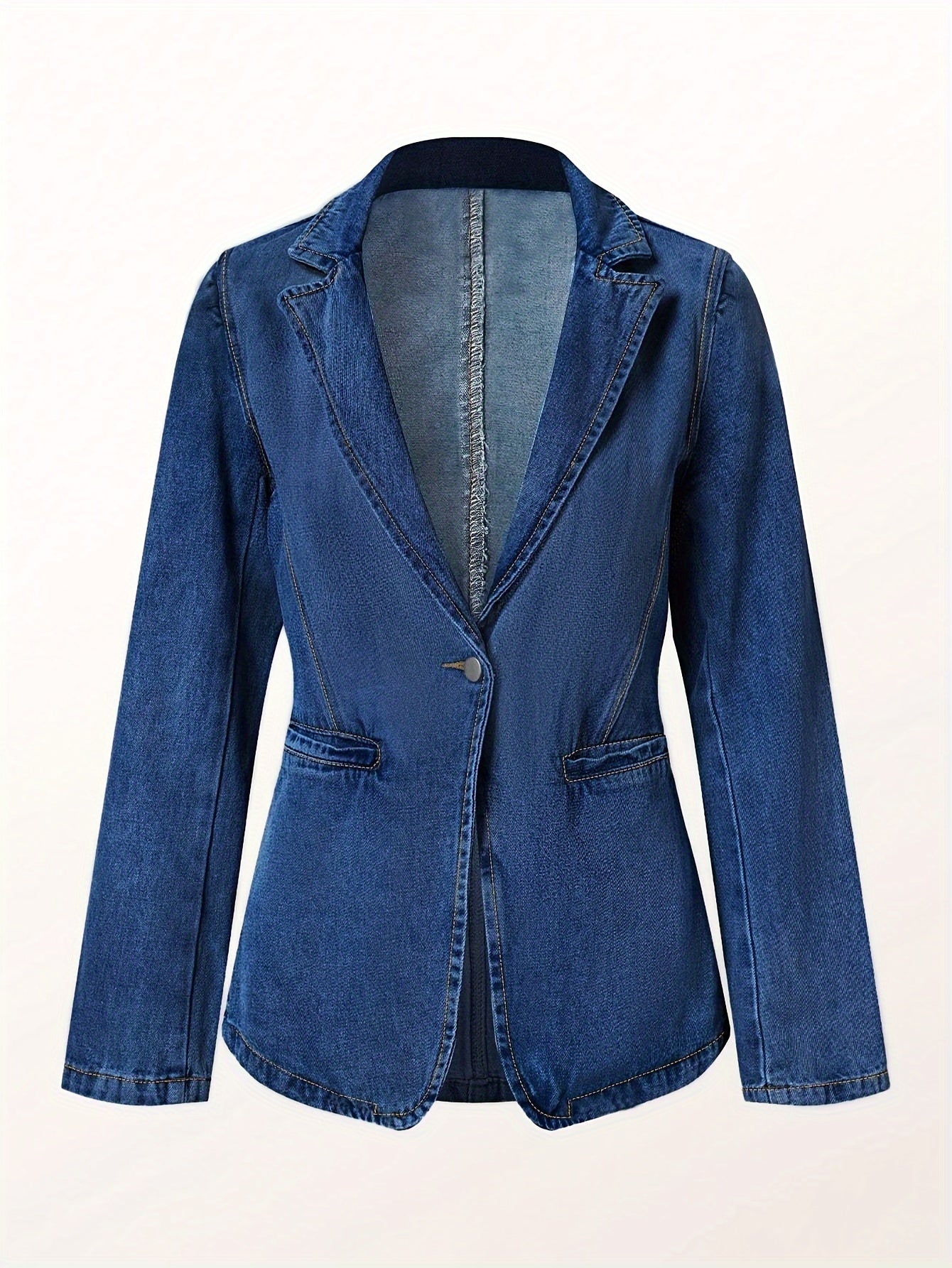 [Chic Tailored Denim Jacket] Comfortable Classic Women's Long Sleeve Denim Jacket - Solid Color, Regular Fit with Stretch - Perfect for Fall/Winter Casual Wear