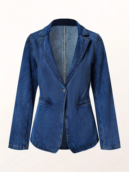 [Chic Tailored Denim Jacket] Comfortable Classic Women's Long Sleeve Denim Jacket - Solid Color, Regular Fit with Stretch - Perfect for Fall/Winter Casual Wear