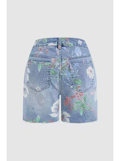 Women' Stretch Denim Shorts - Comfortable Retro Jeans, Floral Prints, Cinched Waist and High-waisted Design, Perfect for Spring and Summer.