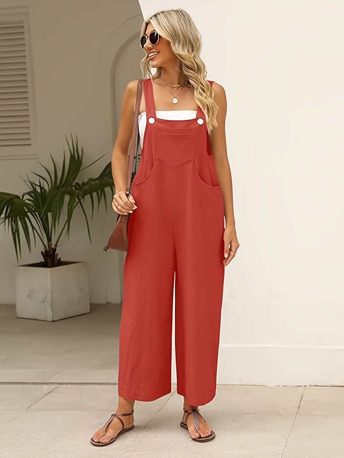 Women's Loose Fit Cotton-Linen Overalls Jumpsuit - Adjustable Strap Wide Leg Romper Pants with Zipper Closure, Non-See-Through Lightweight One-Piece Outfit for Women, Casual to Formal Events (Spring/Fall/Summer) - Everyday & Formal Wear, Ladies Rompers An