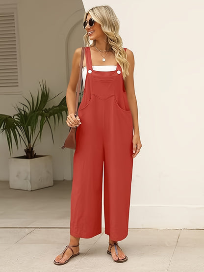 Women's Loose Fit Cotton-Linen Overalls Jumpsuit - Adjustable Strap Wide Leg Romper Pants with Zipper Closure, Non-See-Through Lightweight One-Piece Outfit for Women, Casual to Formal Events (Spring/Fall/Summer) - Everyday & Formal Wear, Ladies Rompers An