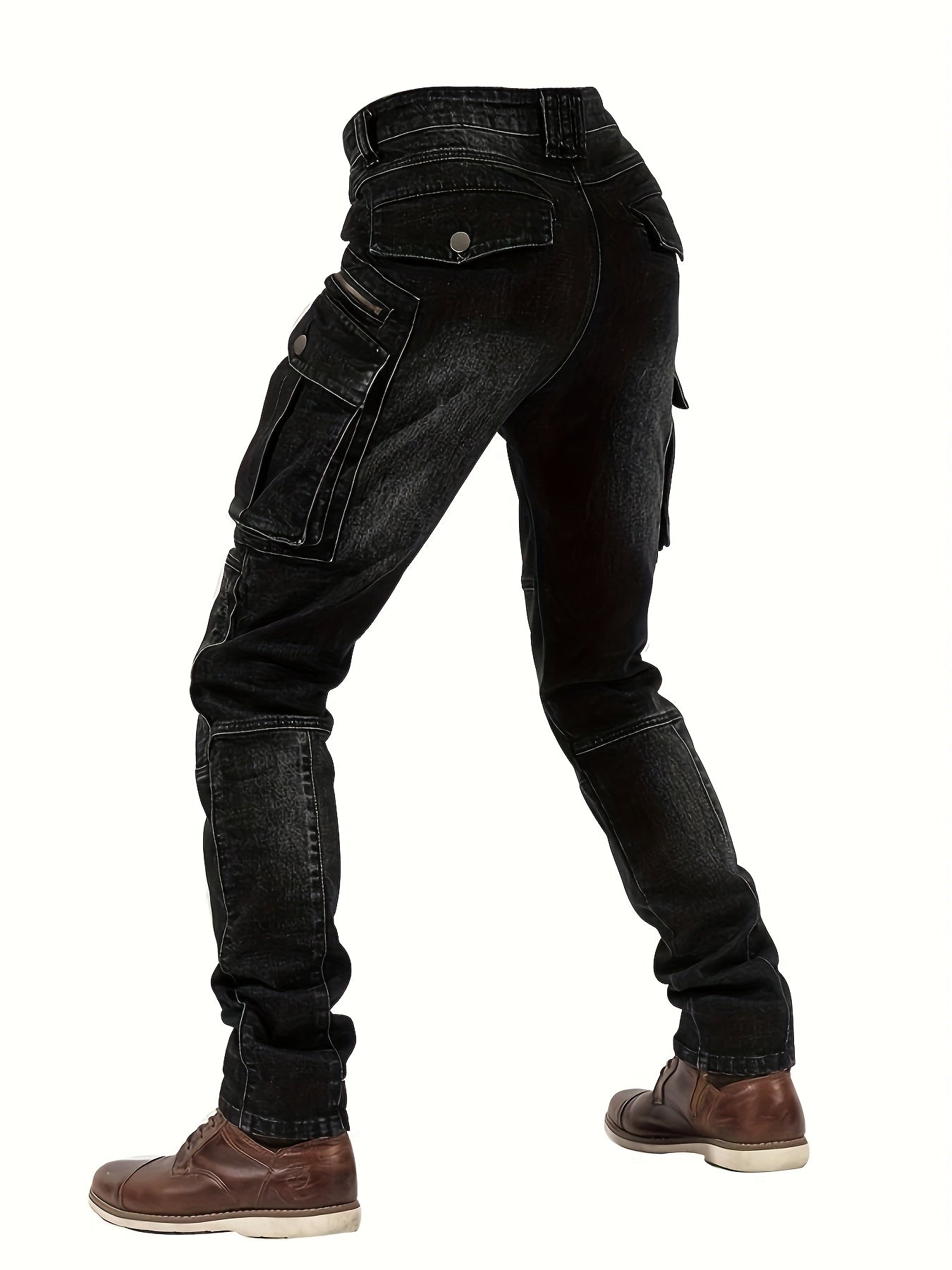 Men'S Wear-resistant Zipper Large Pocket Motorcycle Cycling Pants Vintage Washed Elastic Jeans