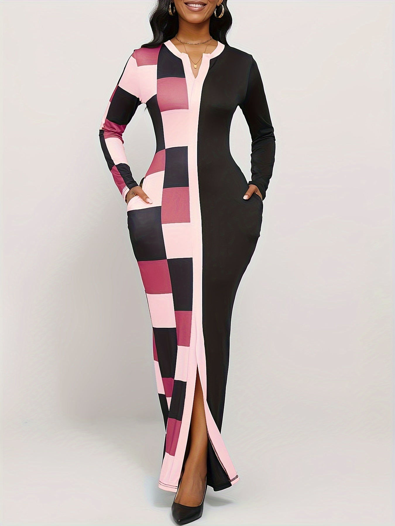 Geo Print Long Sleeve Split Dress, Casual Notch Neck Dress for Spring & Fall, Women's Clothing