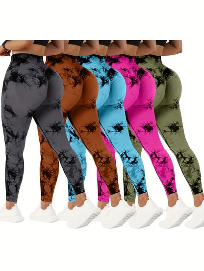 Set of 5 High-Waisted Yoga Pants for Women with Tummy Control, Summer Tie-Dye Fitness Leggings, Stretchy Running Tights for Peach Lift Workouts, Available in Various Colors