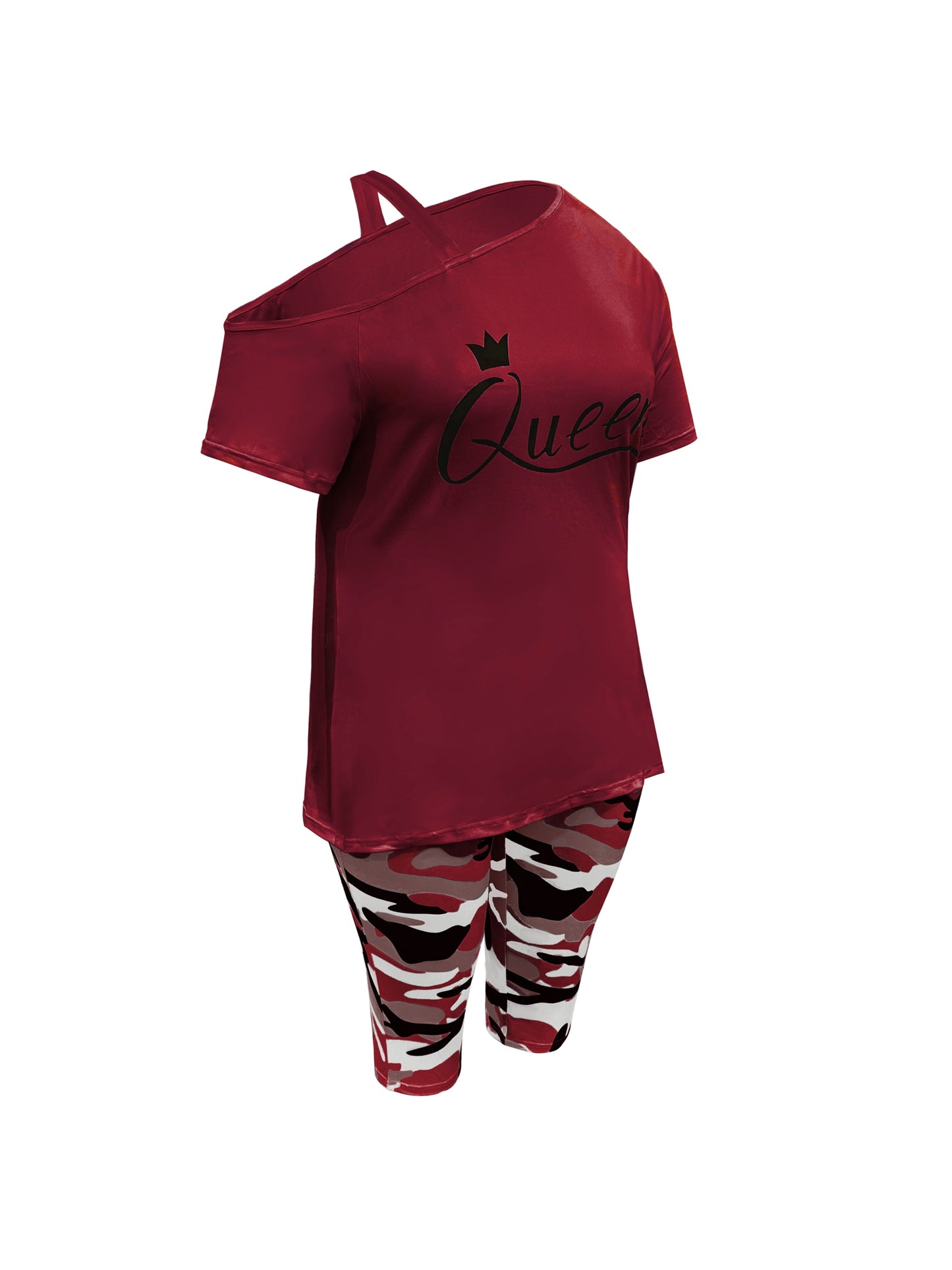 Plus Size - Ladies Plus Size Daily Casual One-Shoulder Short Sleeve Two-Piece Outfit, Diagonal Shoulder Design, Slim Fit Camouflage Pants Suit With Letter Print.