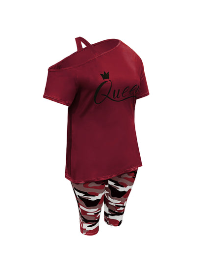 Plus Size - Ladies Plus Size Daily Casual One-Shoulder Short Sleeve Two-Piece Outfit, Diagonal Shoulder Design, Slim Fit Camouflage Pants Suit With Letter Print.