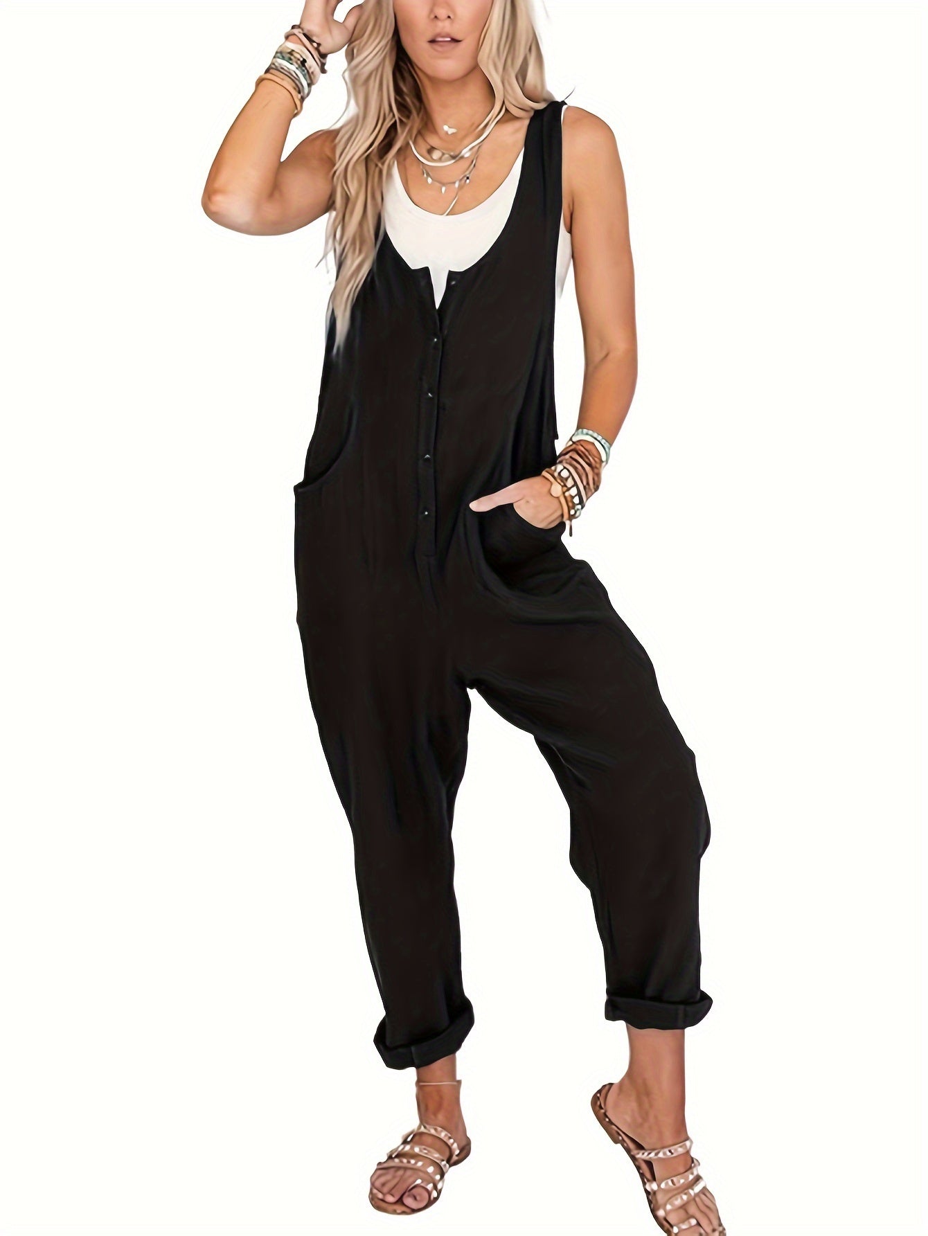 Women'S Overalls Linen Jumpsuits Loose Casual Jumpers with Pockets