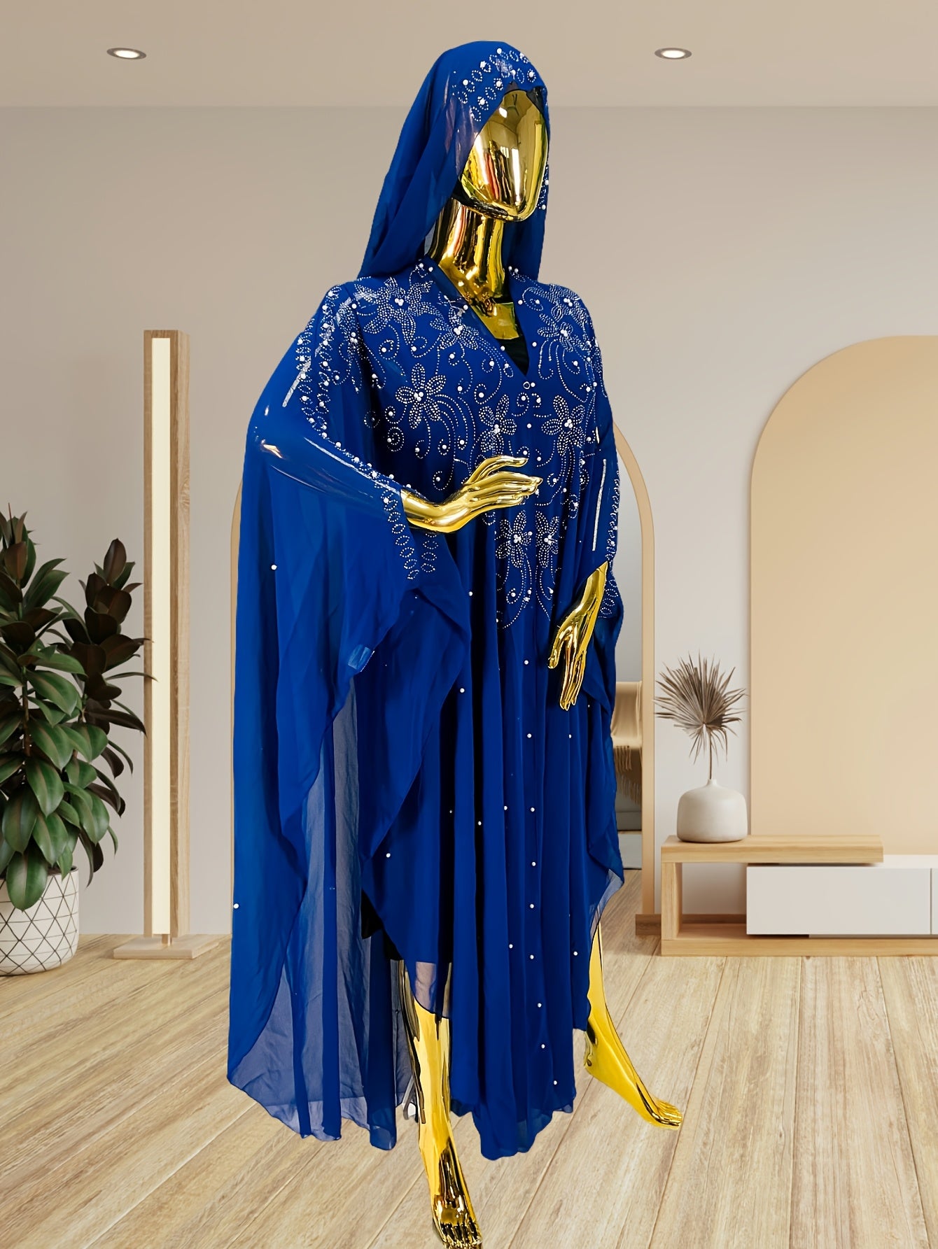 Chic Rhinestone Wrap for Women Featuring Trumpet Sleeves - A Loose-Fitting Long Cape Inspired by Middle Eastern Styles, Adorned with Semi-Sheer Pearls And Crystals, with a Split Hem Perfect for Summer Weddings And Formal Occasions