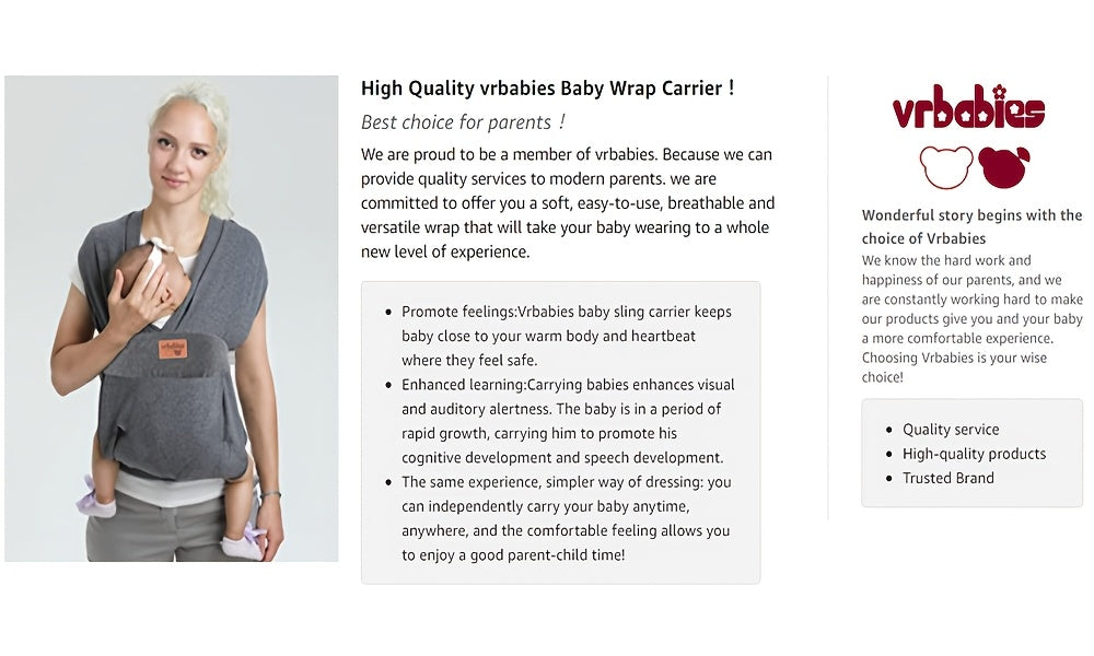 Vrbabies Baby Wraps Carrier Sling, Baby Carrier for Newborns And Toddlers, Skin-Friendly And Soft Front Baby Carrier Wrap Perfect Baby Gifts