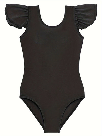 Girls Stretchy Ruffled Sleeve Dance Leotard Slim Fit Solid Color Practice - product view 4