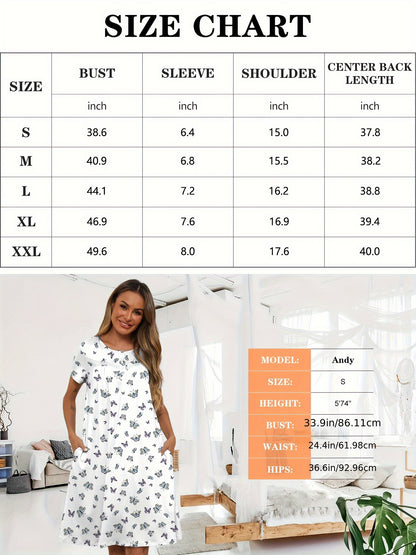 2pcs Women's Floral Nightgowns - Short Sleeve Lace Trim House Dress with Pockets, Comfy Mumu