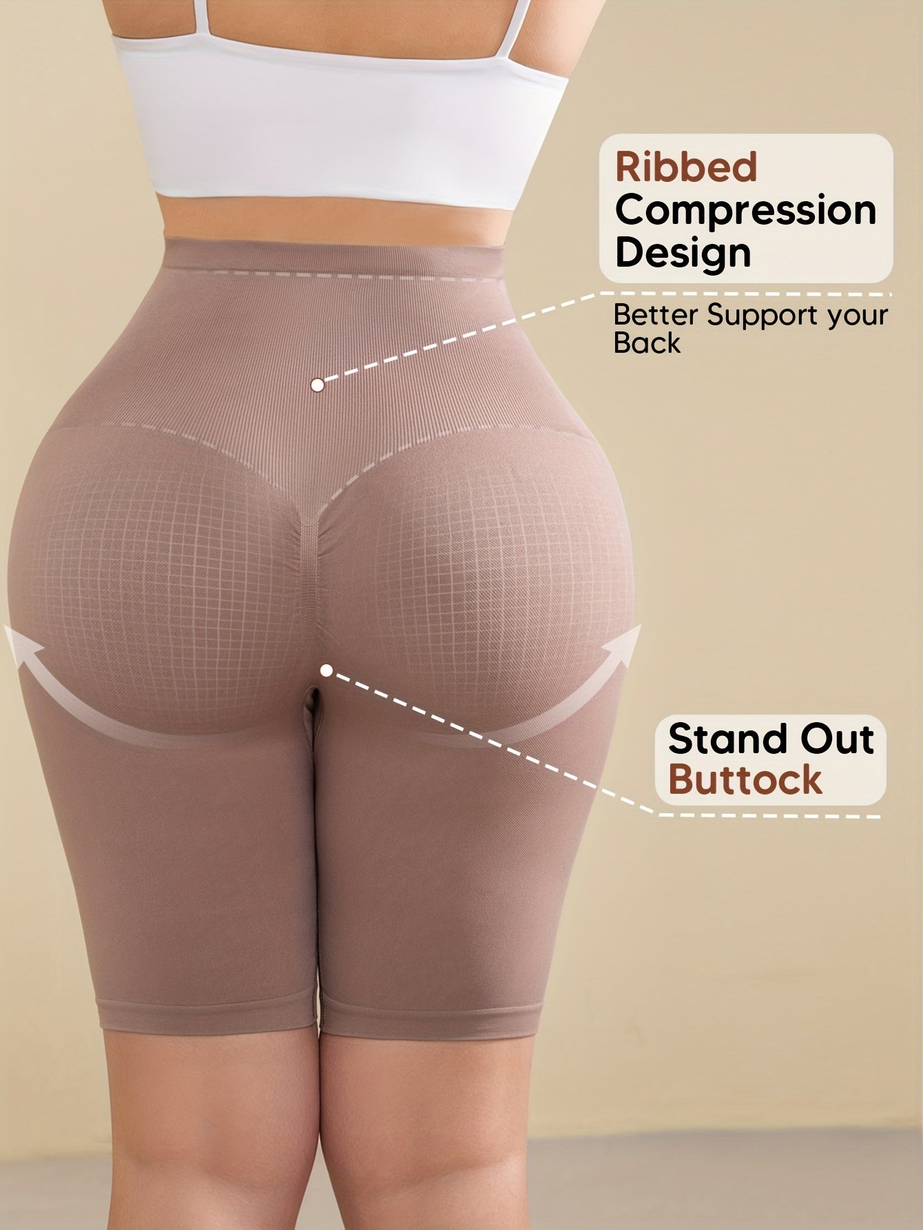 Beige High-Waisted Maternity Shorts Featuring Back Support, an Expandable Belly Panel, And a Built-In Band for Comfort During Pregnancy. They Are Breathable And Stretchy with a Ribbed Design, Perfect for Yoga And Casual Wear