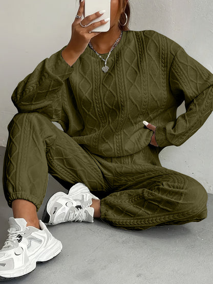 Women's Casual Pullover Two-piece Set, Suitable for Spring And Autumn, Consisting Of A Textured Long-sleeved Top And Jogging Pants