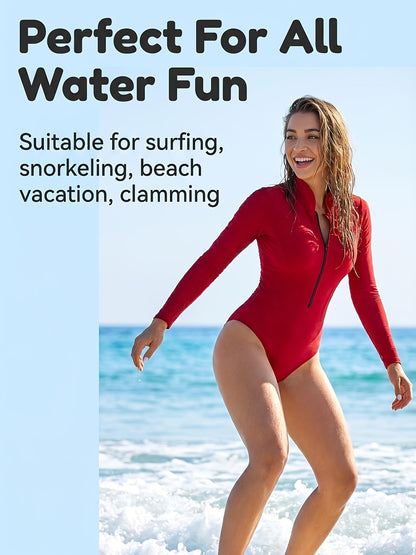 Women'S Long Sleeve Rash Guard Bathing Suit Zip Up One Piece Swimsuits Modest Surfing Swimwear