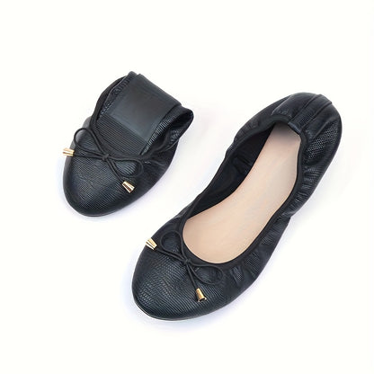 Women's Round Toe Ballet Flats with Bow Detail - Lightweight Breathable Faux Cover, Soft Foldable TPR Sole, Elastic Opening for Easy Slip-On, Casual & Formal Wear (Navy, Burgundy, Black), Ballet Shoes