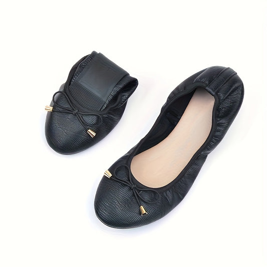 Women's Round Toe Ballet Flats with Bow Detail - Lightweight Breathable Faux Cover, Soft Foldable TPR Sole, Elastic Opening for Easy Slip-On, Casual & Formal Wear (Navy, Burgundy, Black), Ballet Shoes
