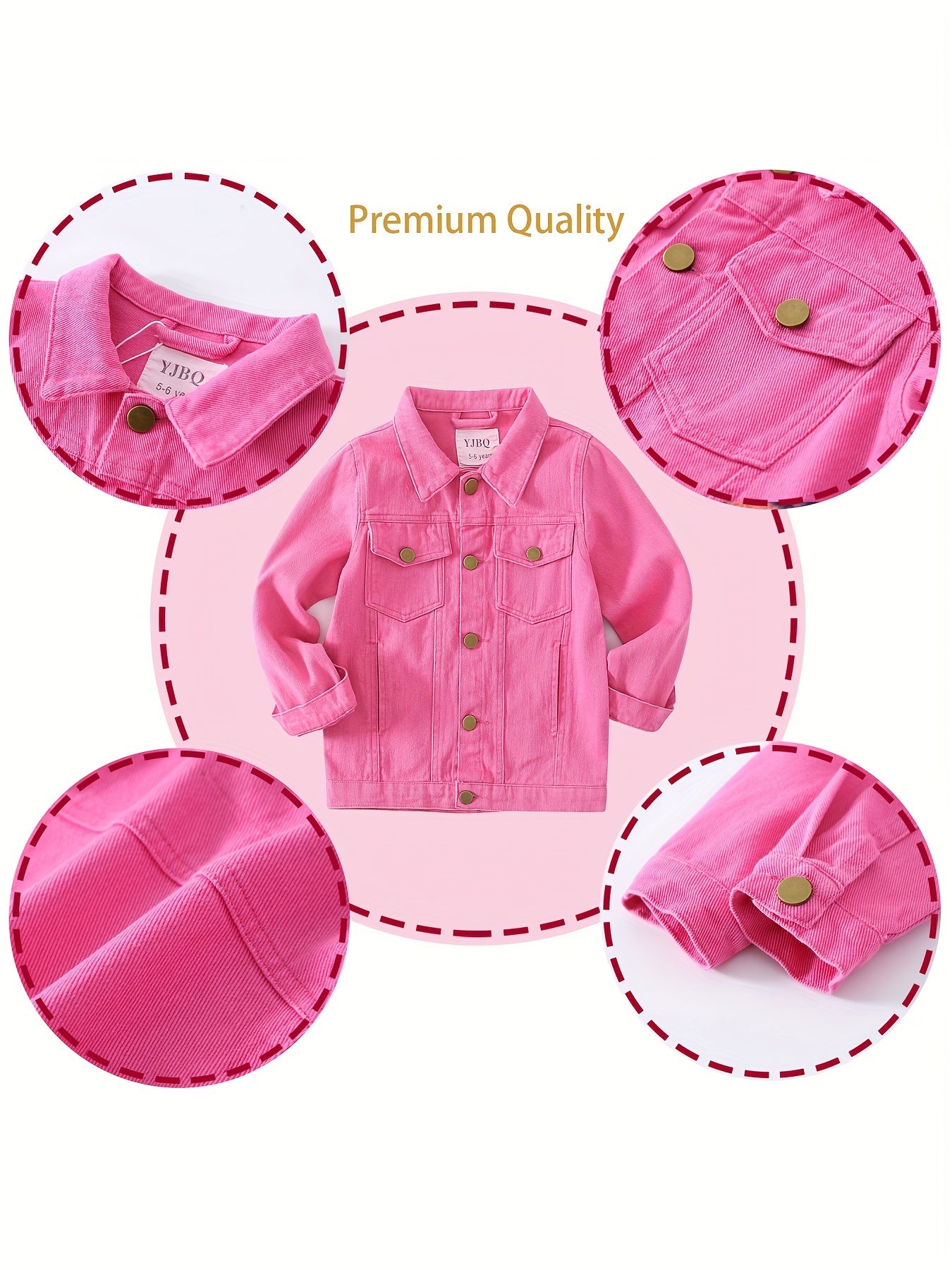 Girls' Pink denim Jacket - Soft & Stretchy Kids Coat with Button Front, Turn- Collar - Ages 5-14 Years (Sizes 6, 8, 10, 12, 14) - Casual Everyday & Formal Outfits - Easy-Care Button Closure Jacket, Children's Outerwear, Skinfriendly Fabric