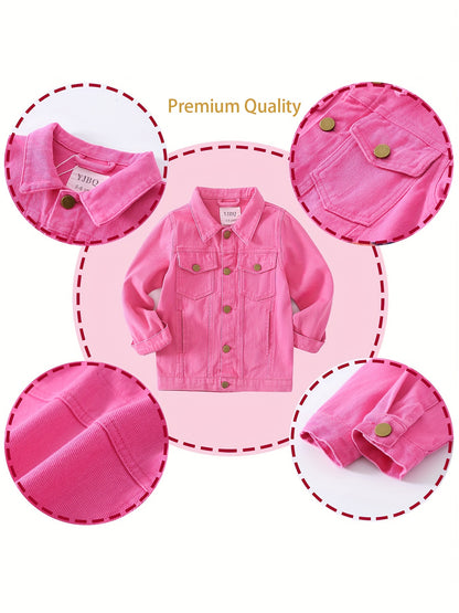Girls' Pink denim Jacket - Soft & Stretchy Kids Coat with Button Front, Turn- Collar - Ages 5-14 Years (Sizes 6, 8, 10, 12, 14) - Casual Everyday & Formal Outfits - Easy-Care Button Closure Jacket, Children's Outerwear, Skinfriendly Fabric
