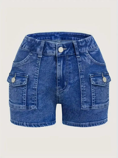 Women'S Stretch Denim Shorts, Elegant And Sexy Cargo Style Shorts, Classic Blue High-Waisted Stretchy Slim Fit That Makes Legs Look Longer, Multiple Pockets, Perfect for Spring And Summer