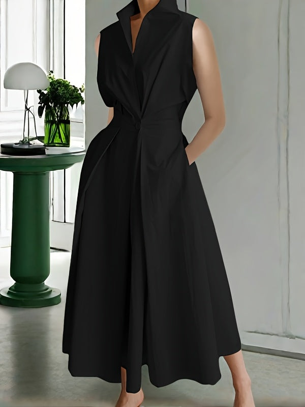 Sleeveless Solid Color Lapel Long Dresses Midi Dresses