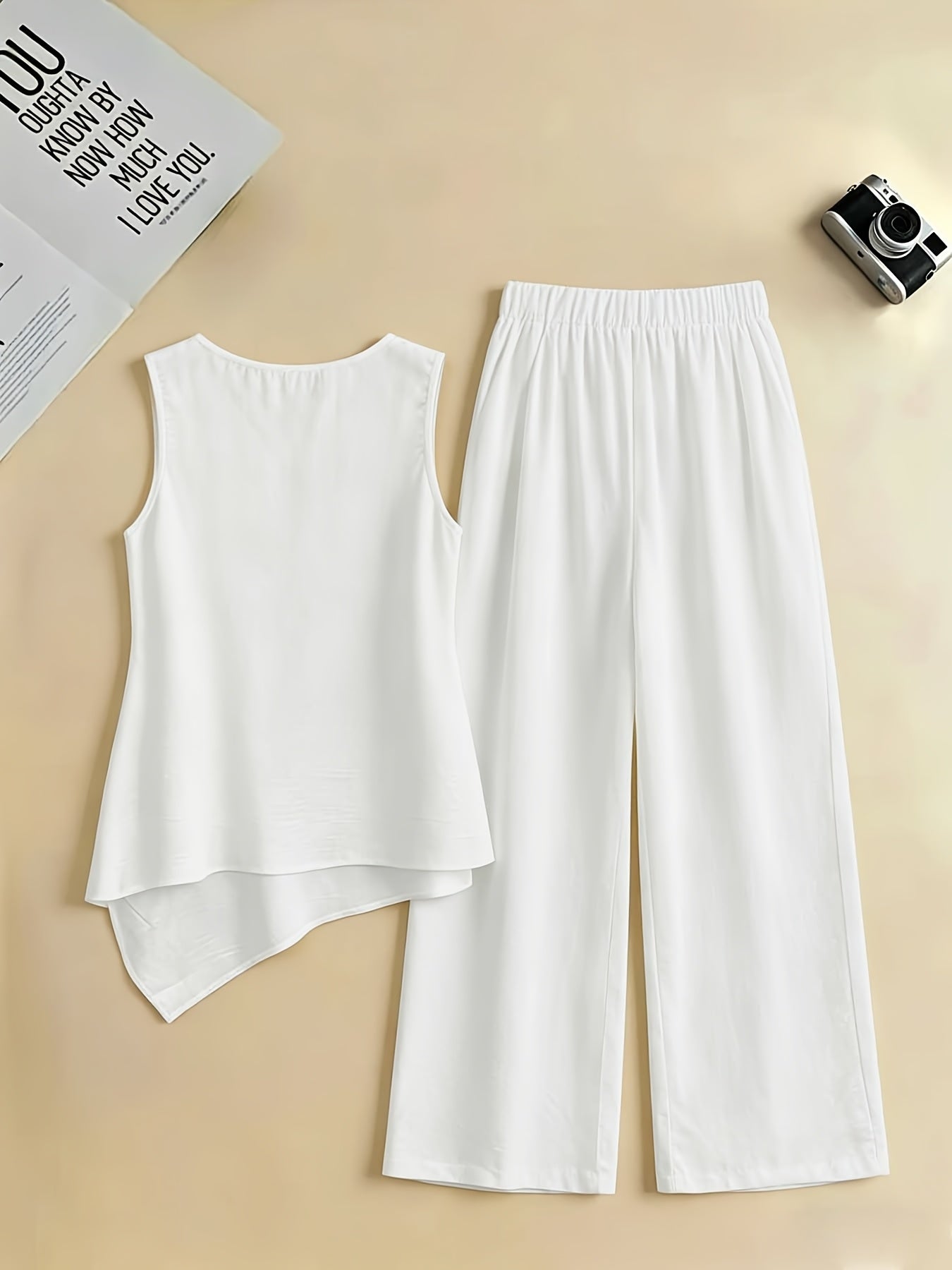 Spring and Summer Women's Casual Fashion Elegant Solid Color Round Neck Sleeveless Top Shirt and Pants 2pcs Set, for Outings and Vacations