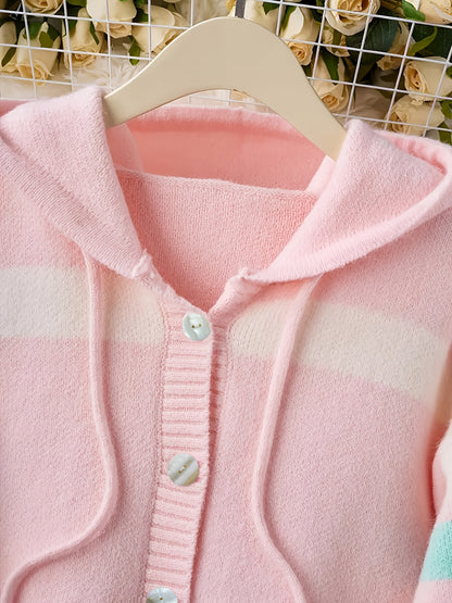 Hooded Cardigan with Rainbow Stripes, Women'S Standard Size Sweater, Soft And Comfy Loose-Fitting Sweater Jacket