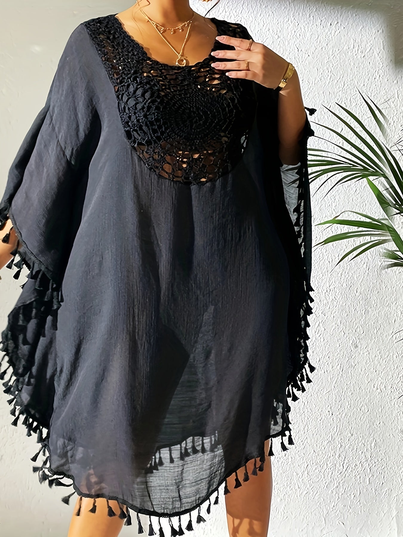 Women's Sexy Crochet Batwing Sleeve Tassel Hem Top - Black Hollow Out Design, Resort Wear Beach Cover-Up, Lightweight Polyester, Perfect for Spring & Summer