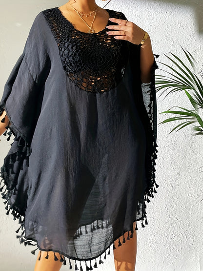 Women's Sexy Crochet Batwing Sleeve Tassel Hem Top - Black Hollow Out Design, Resort Wear Beach Cover-Up, Lightweight Polyester, Perfect for Spring & Summer