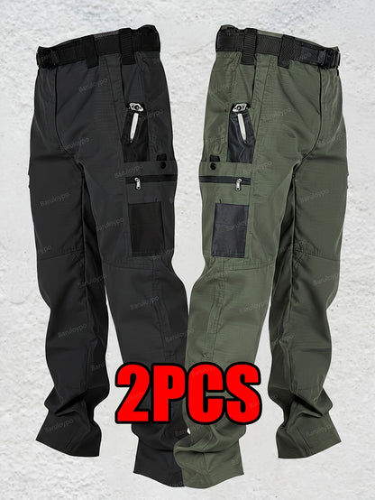 2pcs Men's Tactical Cargo Pants, Multi-Pocket Ripstop Work Trousers, High Quality Outdoor Hiking Pants, Durable Straight Leg Utility Pants for Work, Camping, Daily Wear
