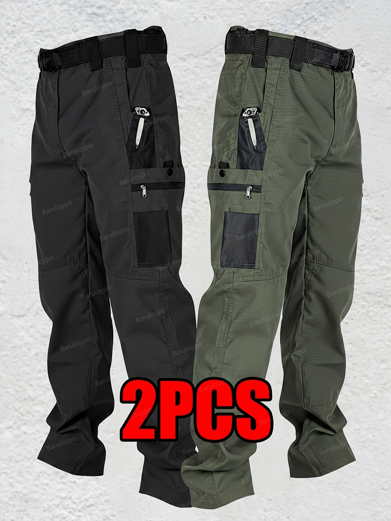 2pcs Men's Tactical Cargo Pants, Multi-Pocket Ripstop Work Trousers, High Quality Outdoor Hiking Pants, Durable Straight Leg Utility Pants for Work, Camping, Daily Wear