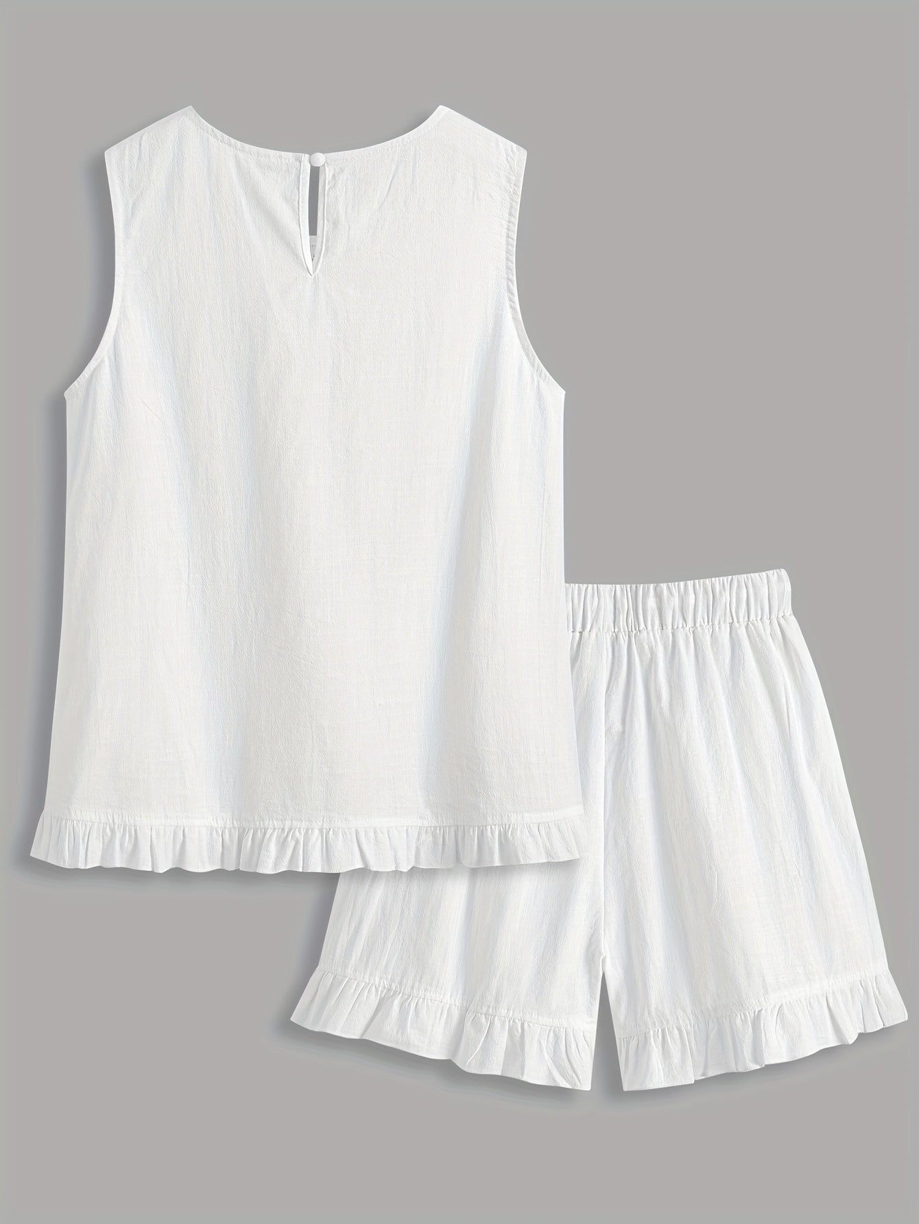 Loose Solid Color Lace Stitching Sleeveless Top Elastic Waist Drawstring Ruffled Shorts Set