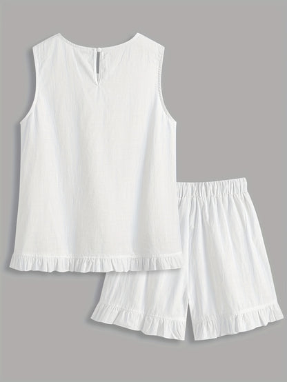 Loose Solid Color Lace Stitching Sleeveless Top Elastic Waist Drawstring Ruffled Shorts Set