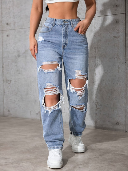 KUYIGO Women'S Pocket Detail Distressed Straight Loose Casual Denim Jeans