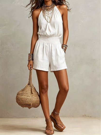 ZOELNIC Women's Halter Romper, Casual Sleeveless High Waist Shorts Jumpsuit, Summer Beach Outfit with Pockets, Summer Outfit
