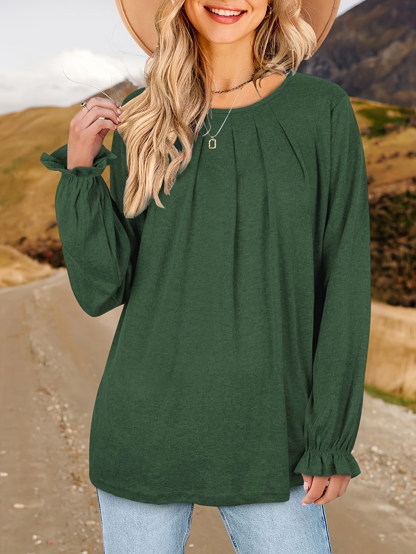Womens Tops Dressy Casual Pleated Ruffle Long Sleeve Shirts Loose Fitting Blouses Tunic Tops