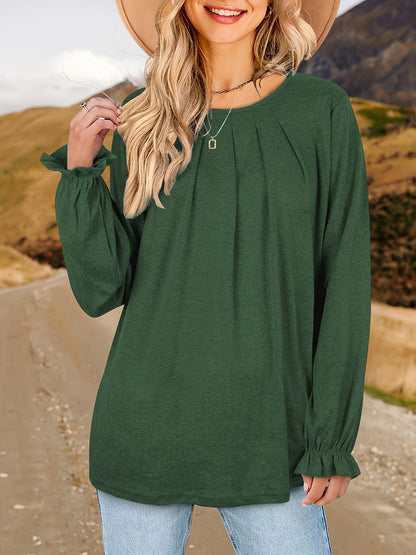 Womens Tops Dressy Casual Pleated Ruffle Long Sleeve Shirts Loose Fitting Blouses Tunic Tops