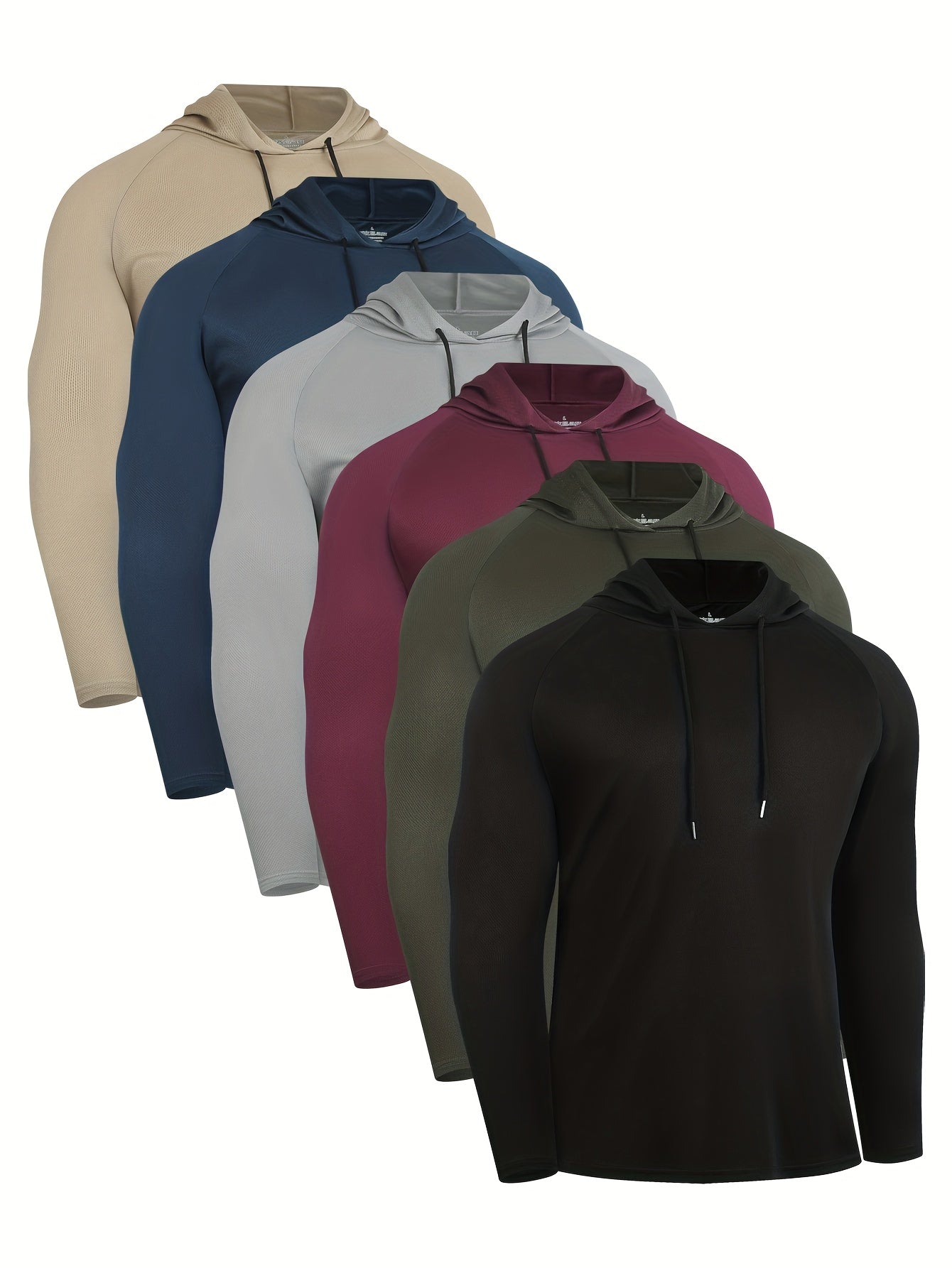 6pcs Men&Apos;S Set, Quick-Dry Breathable Knit Fabric, Solid Color Long Sleeve Athletic Compression Shirt, Suitable for Hiking, Fishing, Running, Fitness, Basketball, Regular Fit, 130 Gsm, Spring/Summer/Fall Athletic Style