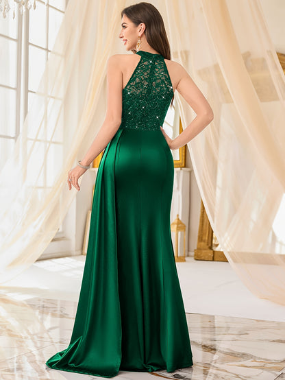 55630A Elegant Womens Sleeveless Sequin Lace Evening Maxi Dress Halter Neck Sheer Lace Patchwork Satin Ruched Waist Bodycon High Side Slit For Wedding Season Graduation Season Formal Wedding Guest Bridesmaid Cruise Party