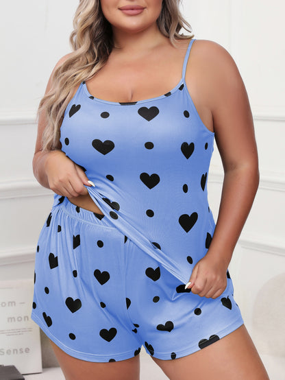 3 Sets Women'S Plus Casual Pajama Set, Plus Size Heart & Polka Dot Print Round Neck Cami Top & Shorts Lounge 6pcs Set