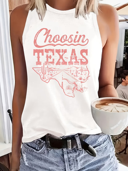 Women's Casual Sleeveless Tank Top with Texas Outline Design, Loose Breathable Opaque Fabric, Backless Round-Neck Lightweight T-Shirt, Machine Washable, for Women, Spring/Summer Outdoor Fashionable Shirt