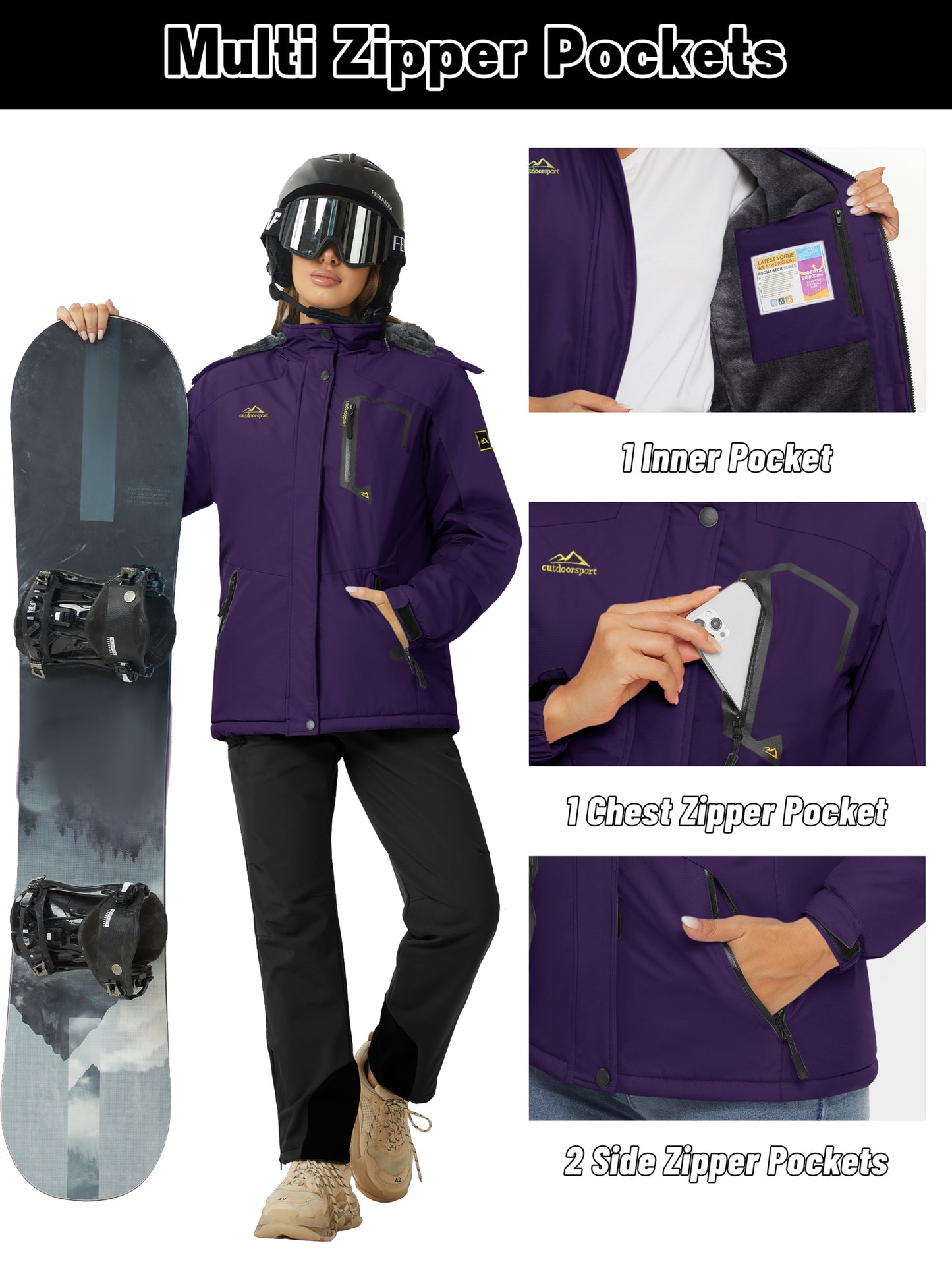 Women's Winter Ski Jacket - High Quality Soft-shell Hooded Jacket Windproof Detachable Hood Multi-pockets Warm Thickened Fleece Lined - Winter Outdoor Snow Sports Skiing Snowboarding Hiking Camping Daily Casual Wear Work Wear Rain Windbreaker