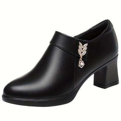 Women'S Elegant Glossy Faux Cover Chunky Heel Ankle Boots with Golden-Tone Buckle And Zipper Closure - Round Toe Synthetic Cover Dress Shoes, All-Season Versatile Casual to Formal Wear, High Heel Boots, Women Shoes