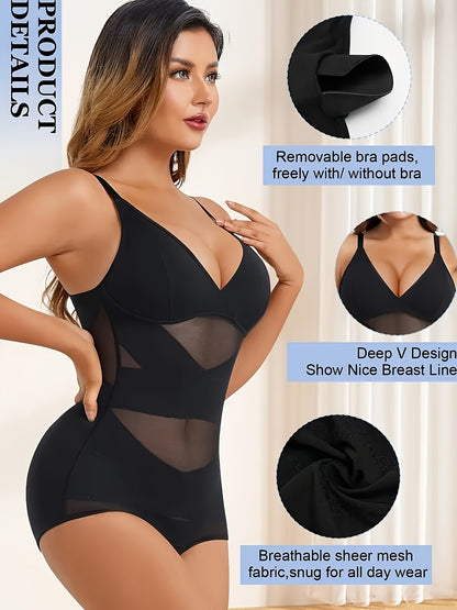 Sexy Deep V-neck Women'S Shapewear, With Cross Cinching And Chest Lifting Straps And Detachable Chest Pads, Can Be Worn All Day Long With Breathable Mesh Deep V-neck Design, With Quick Snap Cinching And Hip Lifting, Full Body Shapewear