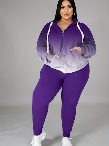 Women's Plus Size Tracksuit Set - Long Sleeve Hooded Loungewear and Sweatsuit Sets with Pockets, Polyester and Elastane