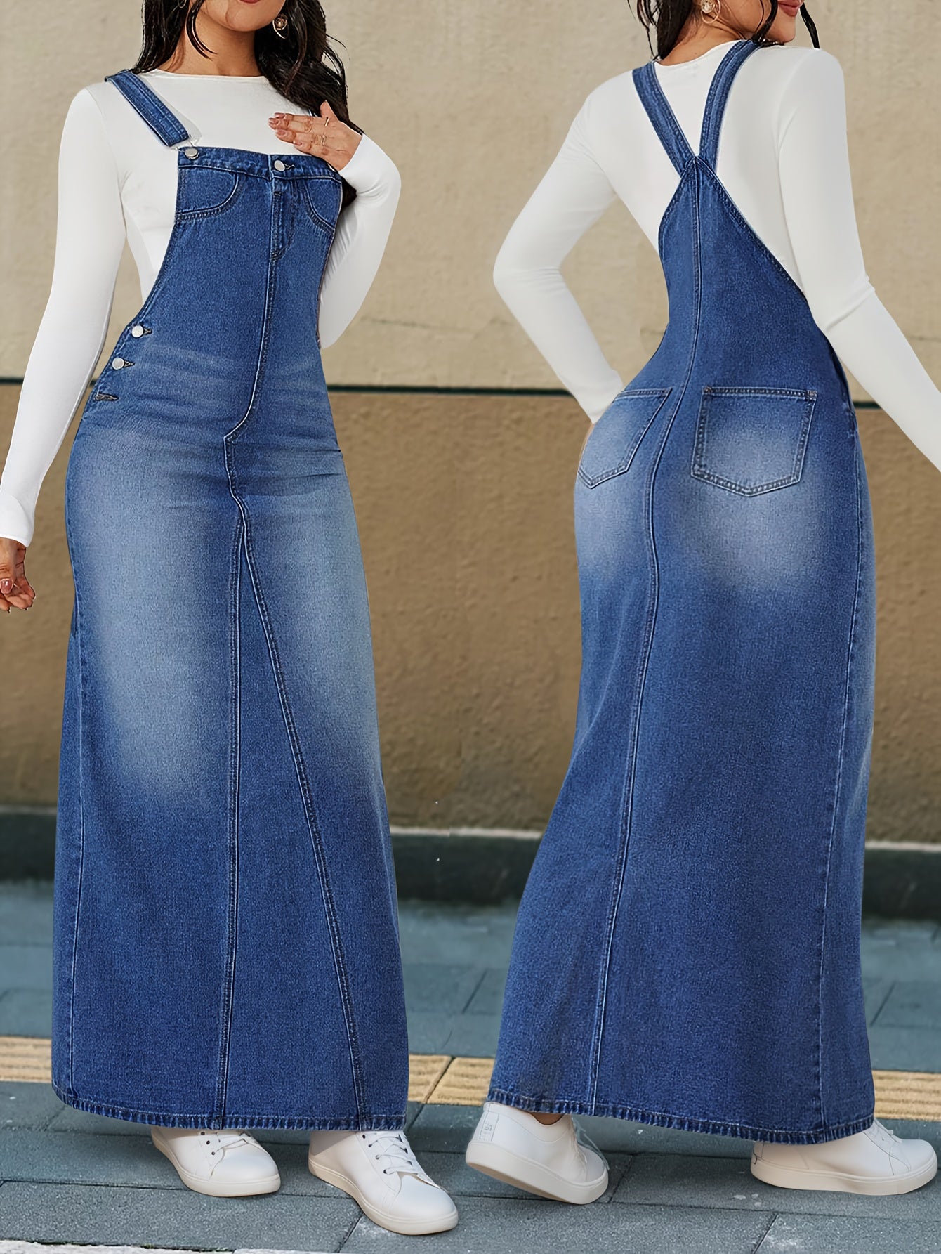 [Durable Denim Dress] Durable Denim Dress - Women's Non-Stretch Loose Fit Long Skirt with Detachable Strap, Multiple Buttons for Easy Closure, Everyday to Formal Outfits - Casual Chic Outwear, Versatile Outfit Option